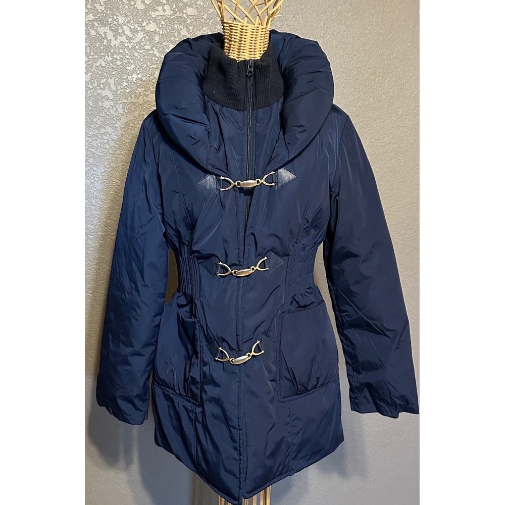 Otto Navy Blue Puffer Coat Women's M Wing Collar Toggle Closure Nautical